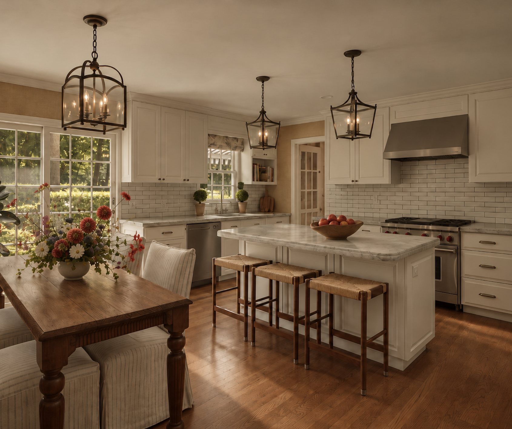 Kitchen with a marble-topped island, rush counter stools and lantern pendants, with a wood dining table by the window